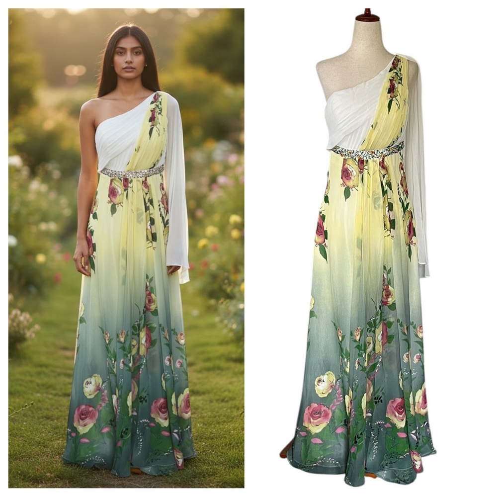 LightInTheBox Exquisite Empire One Shoulder Wattetau Train Print Beading Dress